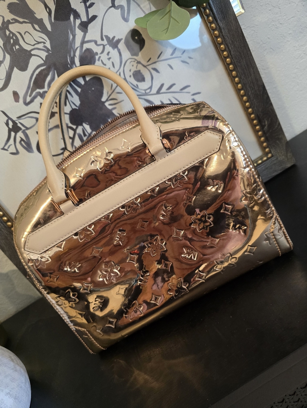 Michael Kors Kara Mirror Metallic Embossed Large Duffle Satchel Bag Rose Gold - Picture 8 of 14